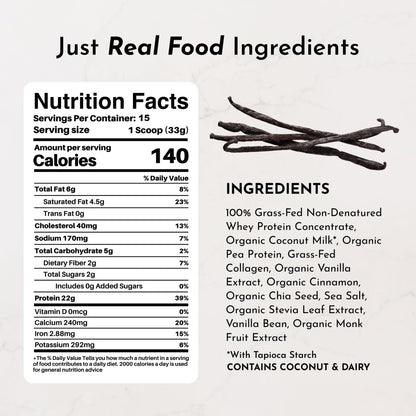 JUST INGREDIENTS Vanilla Protein Powder - Grass-Fed Whey Blend, Organic, Gluten Free, Dairy Free, Soy Free - 15 Servings, 22g Protein - Maple Wellness Supplements