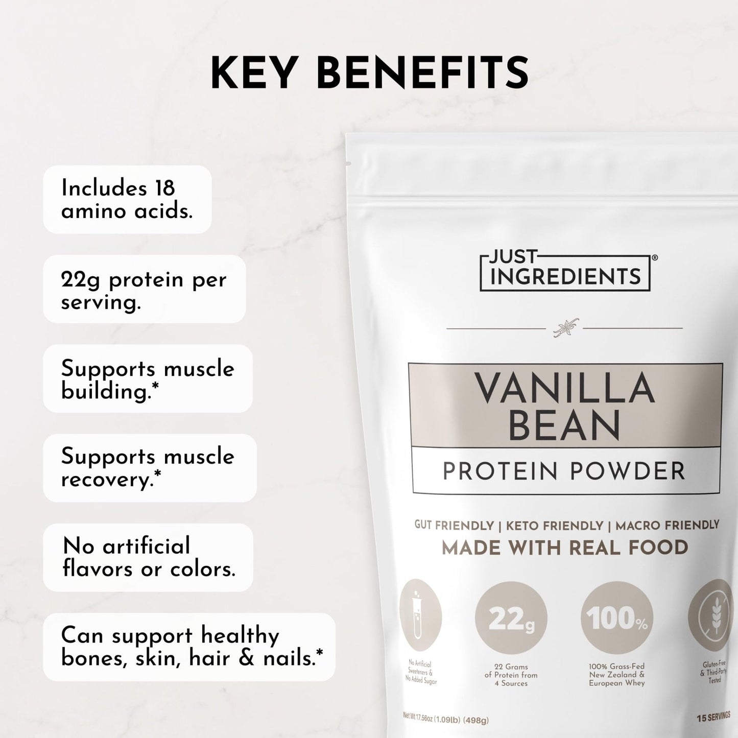 JUST INGREDIENTS Vanilla Protein Powder - Grass-Fed Whey Blend, Organic, Gluten Free, Dairy Free, Soy Free - 15 Servings, 22g Protein - Maple Wellness Supplements