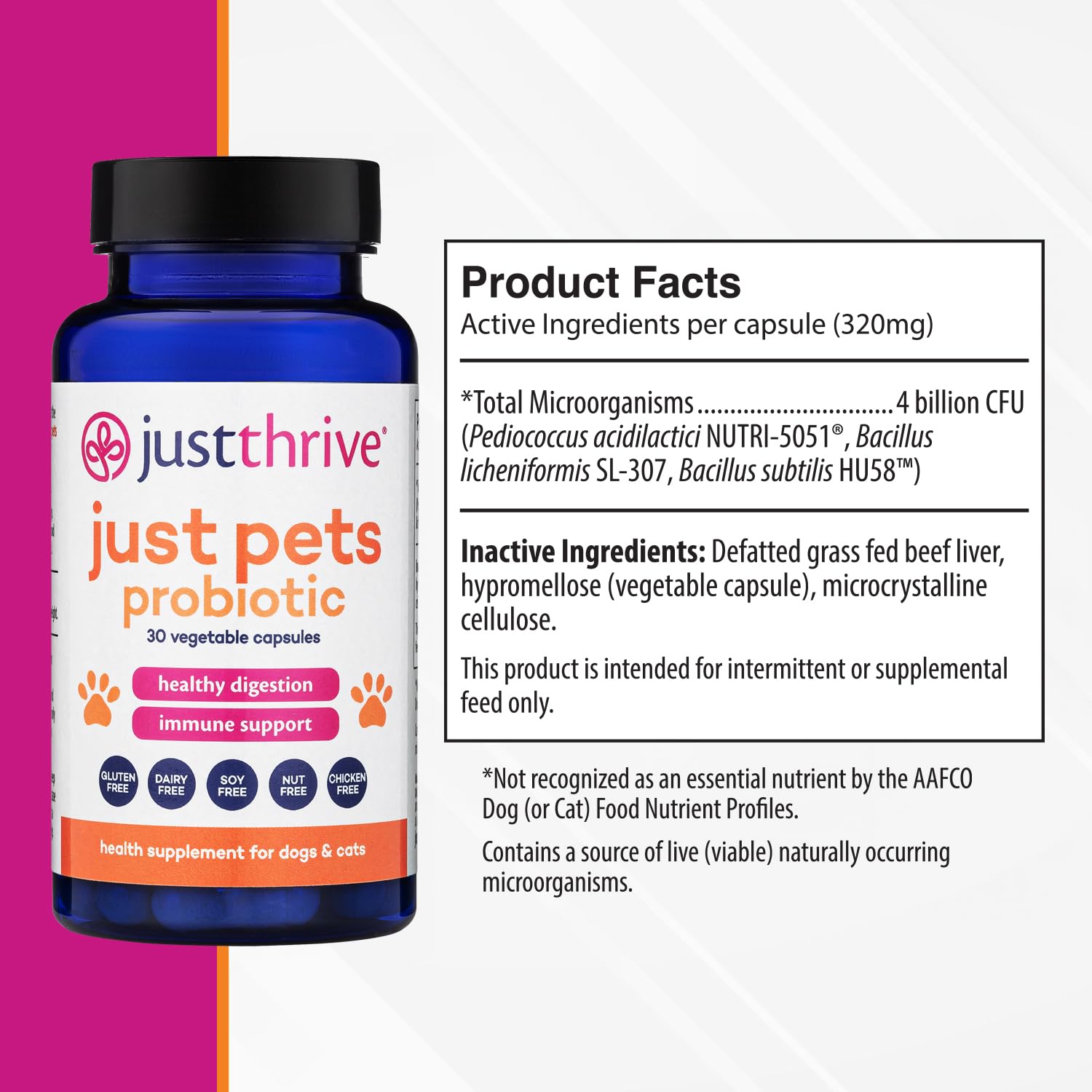 Just Thrive Just Pets Probiotic - Daily Digestive Probiotics for Dogs and Cats - 4 Billion CFUs Pet Probiotic, 30 Capsules - Maple Wellness Supplements
