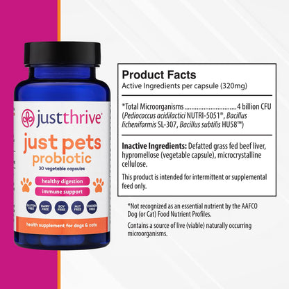 Just Thrive Just Pets Probiotic - Daily Digestive Probiotics for Dogs and Cats - 4 Billion CFUs Pet Probiotic, 30 Capsules - Maple Wellness Supplements