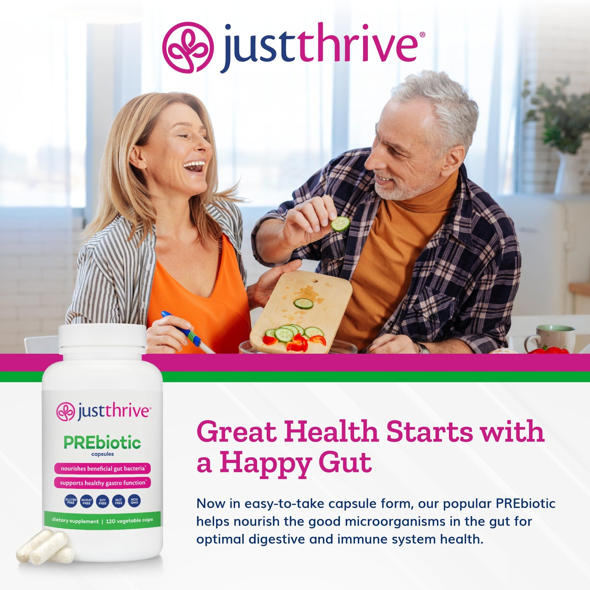 Just Thrive PREbiotic Capsules - Prebiotic Blend for Gut Health and Immune Support, 120 Caps - Maple Wellness Supplements