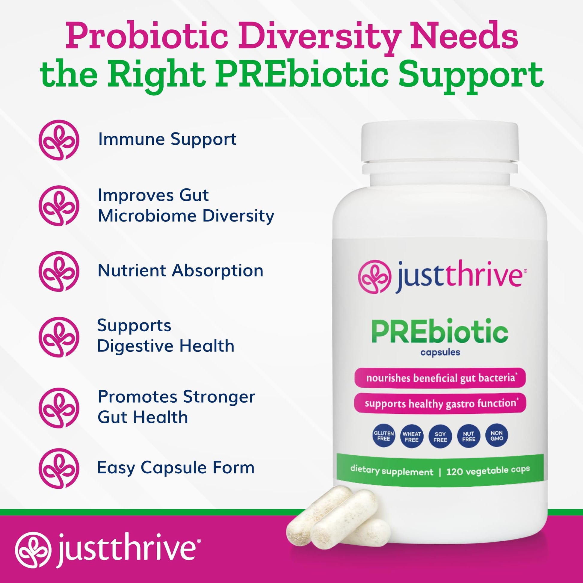 Just Thrive PREbiotic Capsules - Prebiotic Blend for Gut Health and Immune Support, 120 Caps - Maple Wellness Supplements