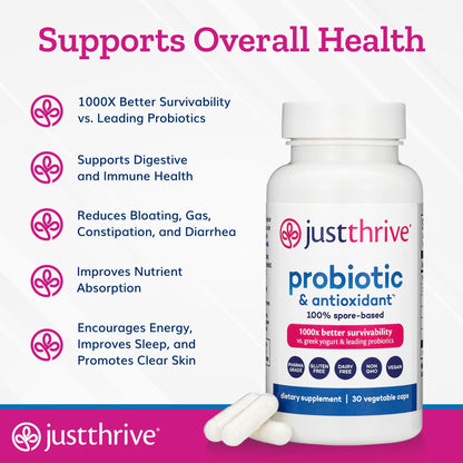 Just Thrive Probiotic & Antioxidant Supplement - 100% Spore-Based Digestive and Immune Support - Gluten Free, 30 Caps - Maple Wellness Supplements