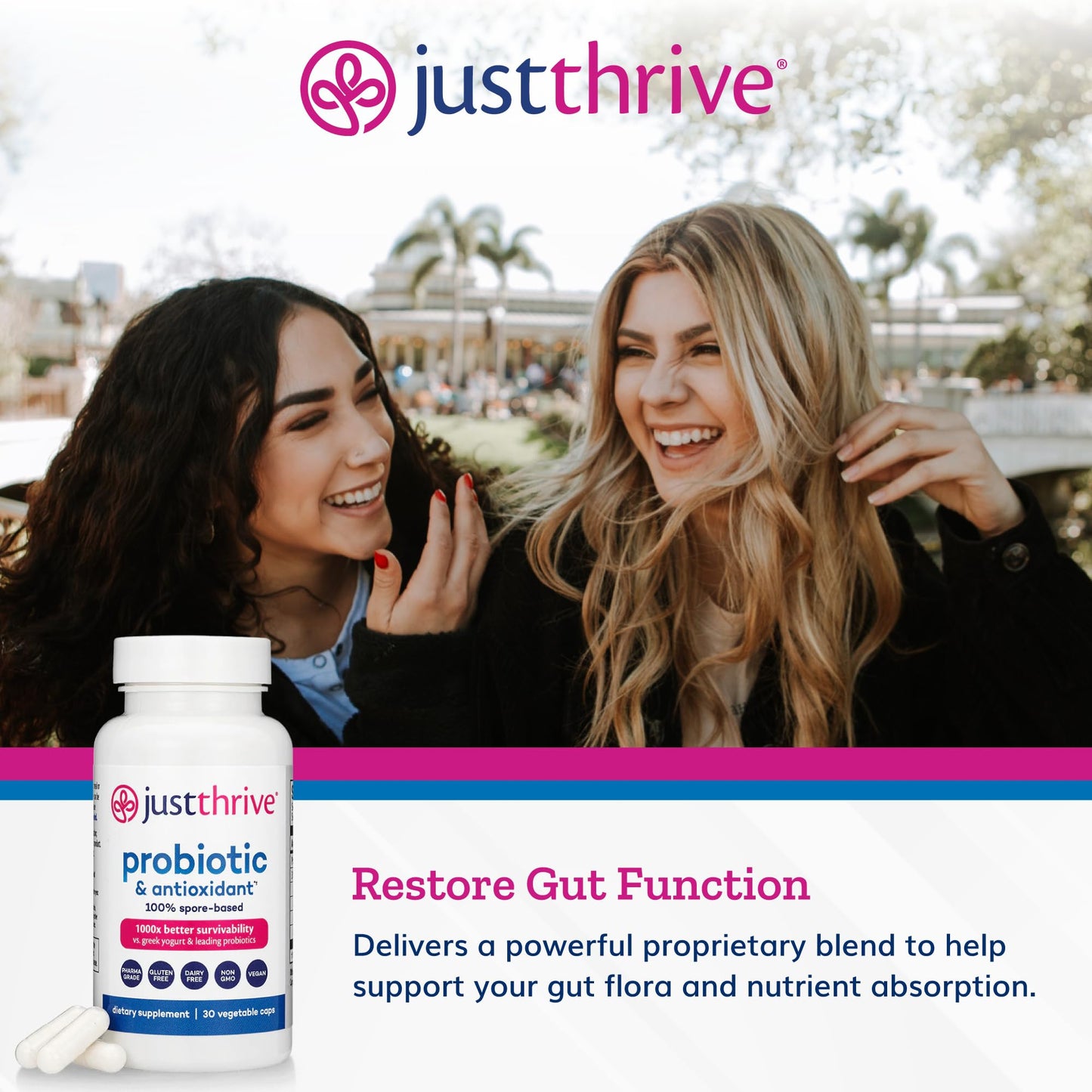 Just Thrive Probiotic & Antioxidant Supplement - 100% Spore-Based Digestive and Immune Support - Gluten Free, 30 Caps - Maple Wellness Supplements
