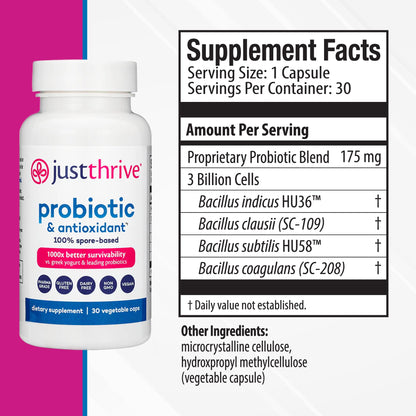 Just Thrive Probiotic & Antioxidant Supplement - 100% Spore-Based Digestive and Immune Support - Gluten Free, 30 Caps - Maple Wellness Supplements