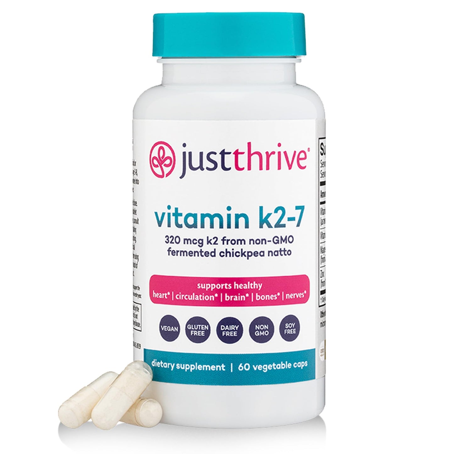 Just Thrive Vitamin K2-7 - Bone, Brain, and Heart Health K2 Vitamin Supplement, 60 Capsules - Maple Wellness Supplements