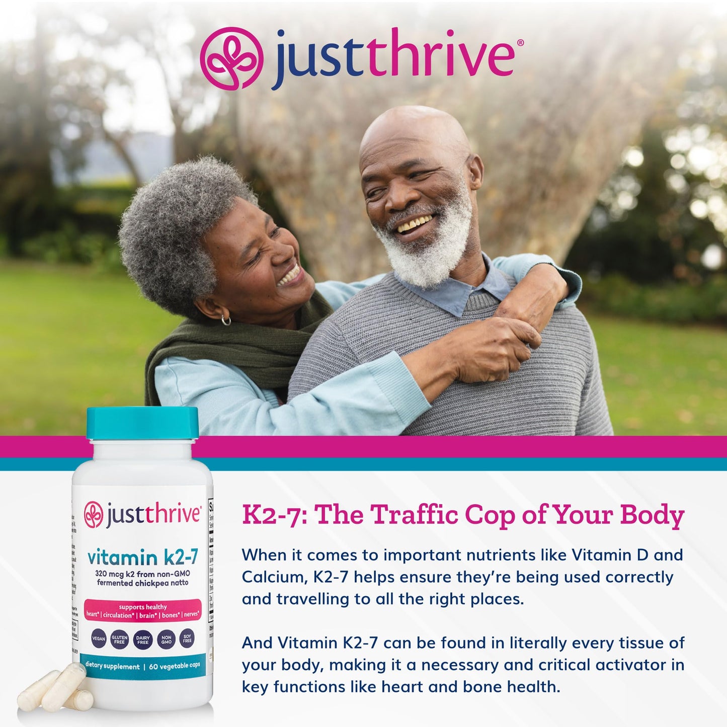 Just Thrive Vitamin K2-7 - Bone, Brain, and Heart Health K2 Vitamin Supplement, 60 Capsules - Maple Wellness Supplements