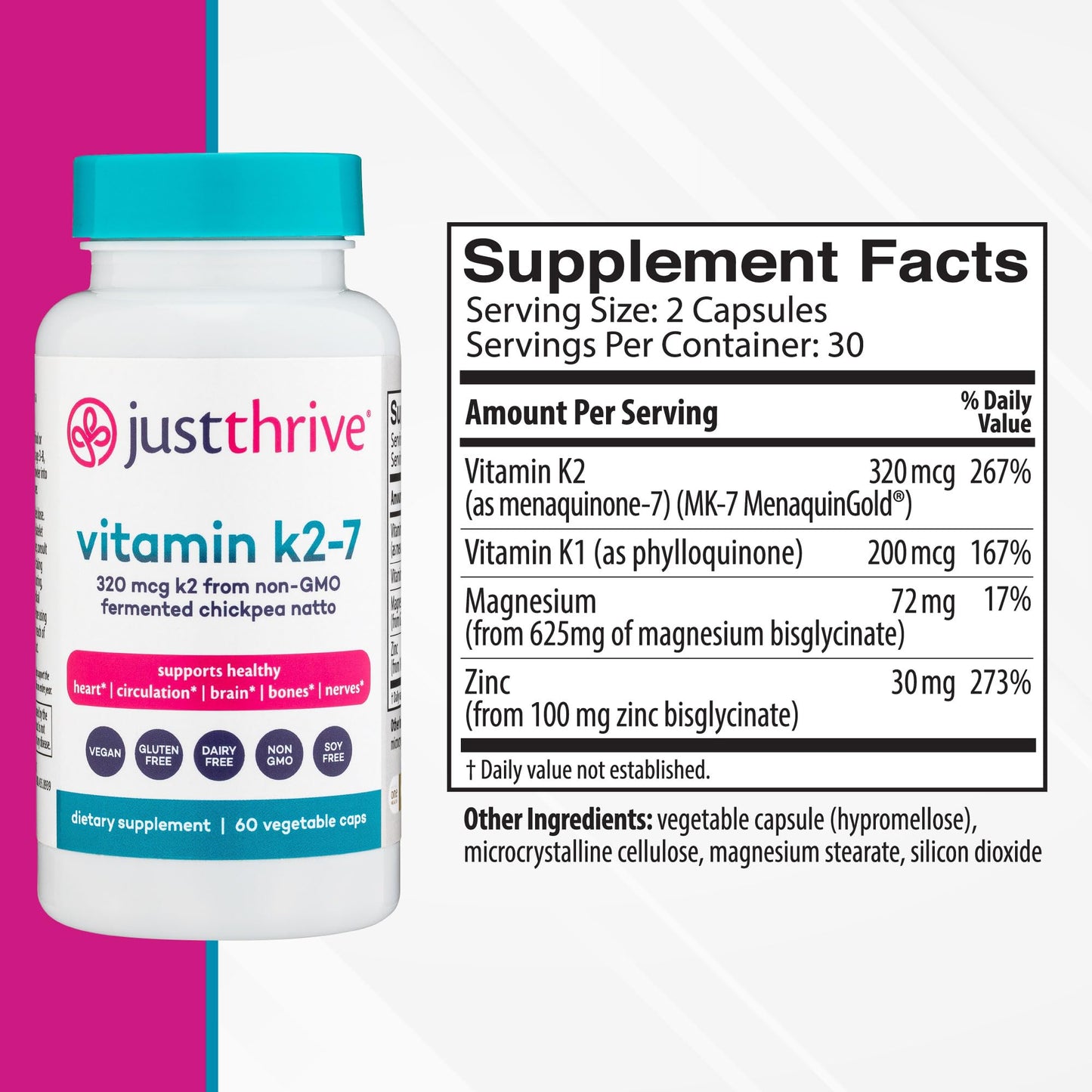 Just Thrive Vitamin K2-7 - Bone, Brain, and Heart Health K2 Vitamin Supplement, 60 Capsules - Maple Wellness Supplements