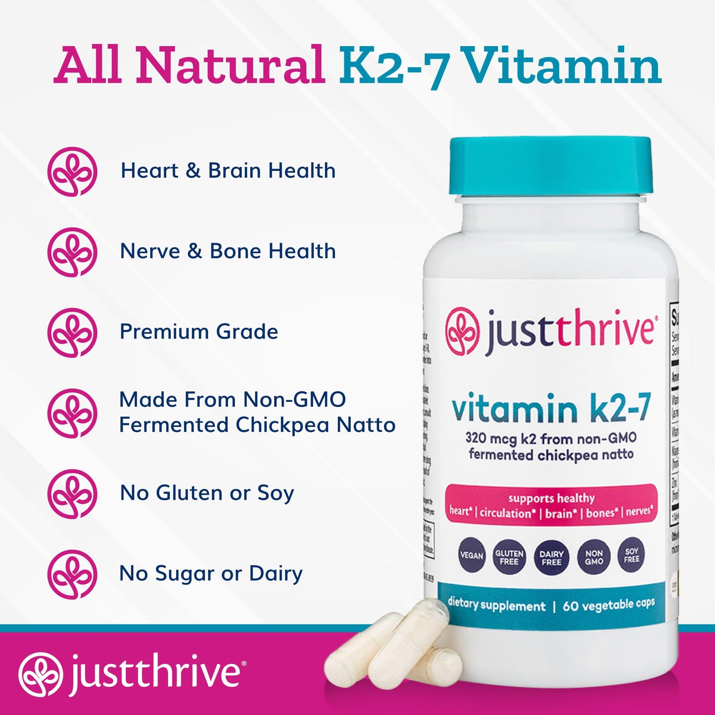 Just Thrive Vitamin K2-7 - Bone, Brain, and Heart Health K2 Vitamin Supplement, 60 Capsules - Maple Wellness Supplements