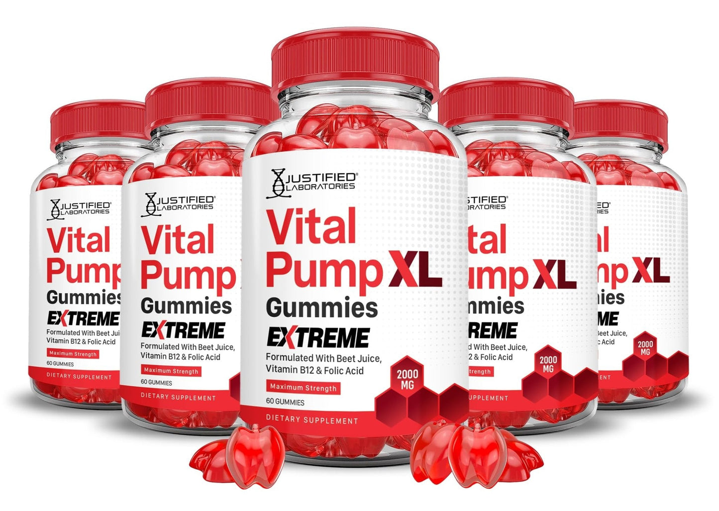 Justified Laboratories (5 Pack) Vital Pump XL Extreme 2000MG Performance Gummies Vital PumpXL Advanced Formula Formulated with Beet Juice ACV Pomegranate Powder B12 Vegan Non GMO 300 Gummys - Maple Wellness Supplements