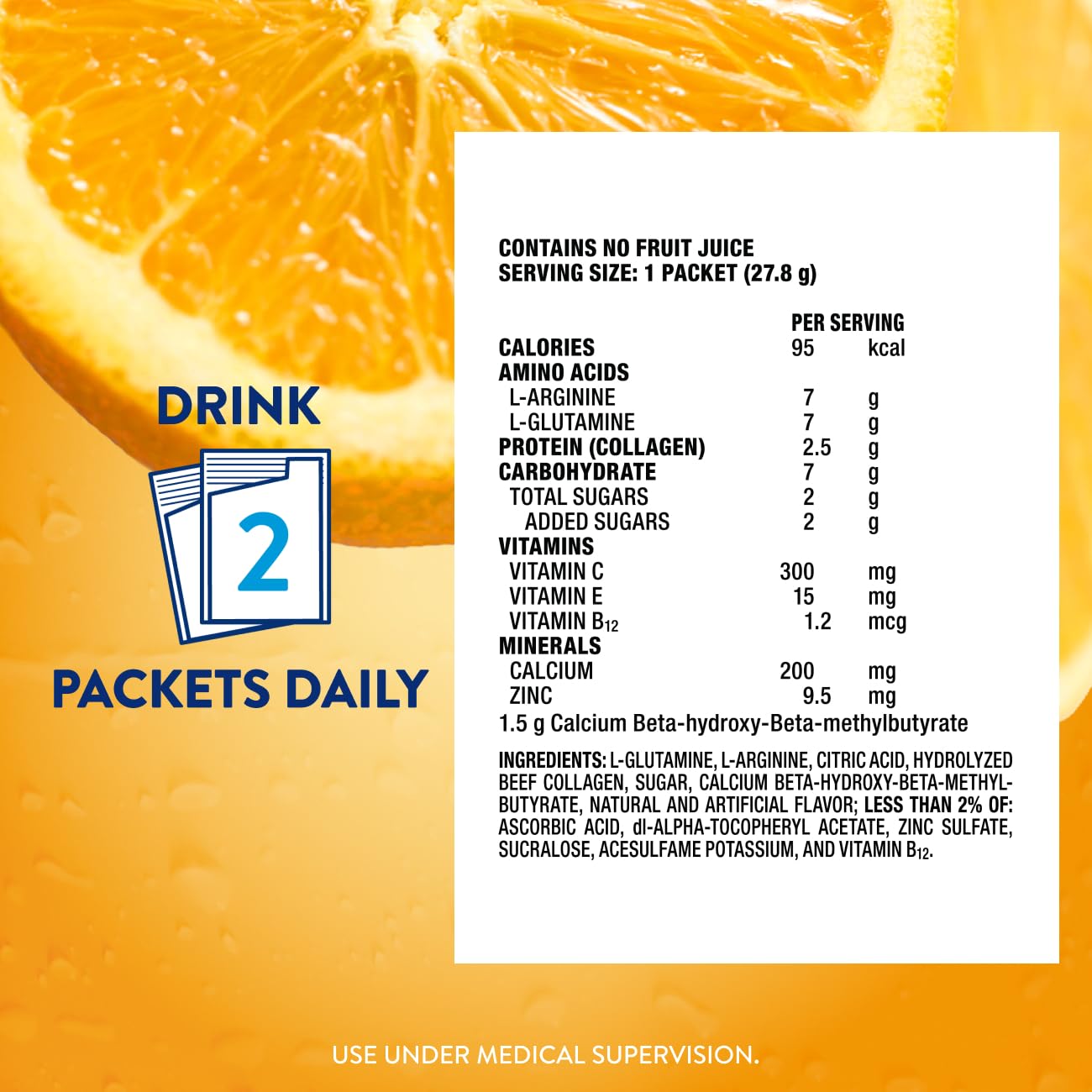 Juven Therapeutic Nutrition Drink Powder Including Collagen Peptides, Amino Acids, and HMB for Wound Healing Support, Orange, 30 Packets - Maple Wellness Supplements