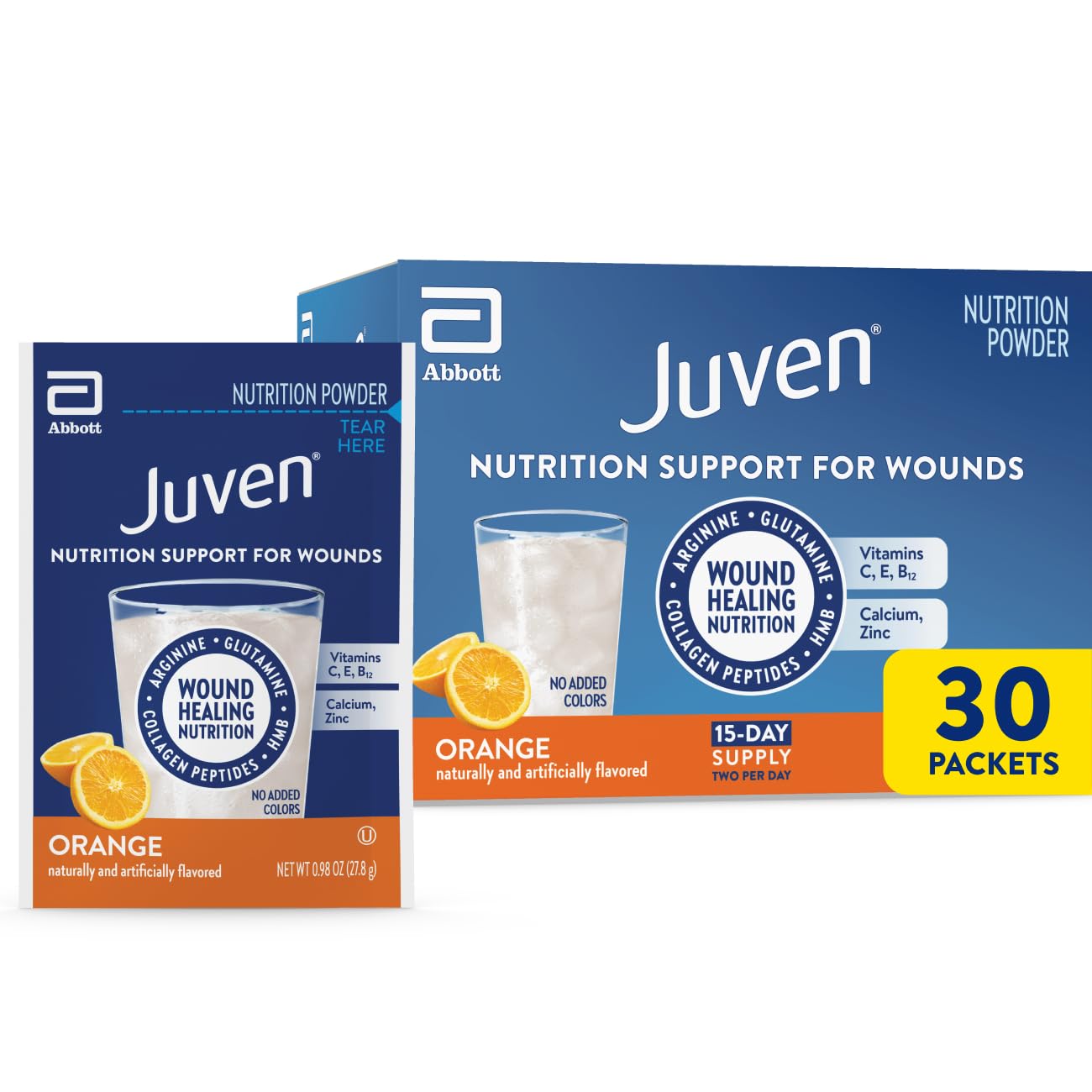 Juven Therapeutic Nutrition Drink Powder Including Collagen Peptides, Amino Acids, and HMB for Wound Healing Support, Orange, 30 Packets - Maple Wellness Supplements