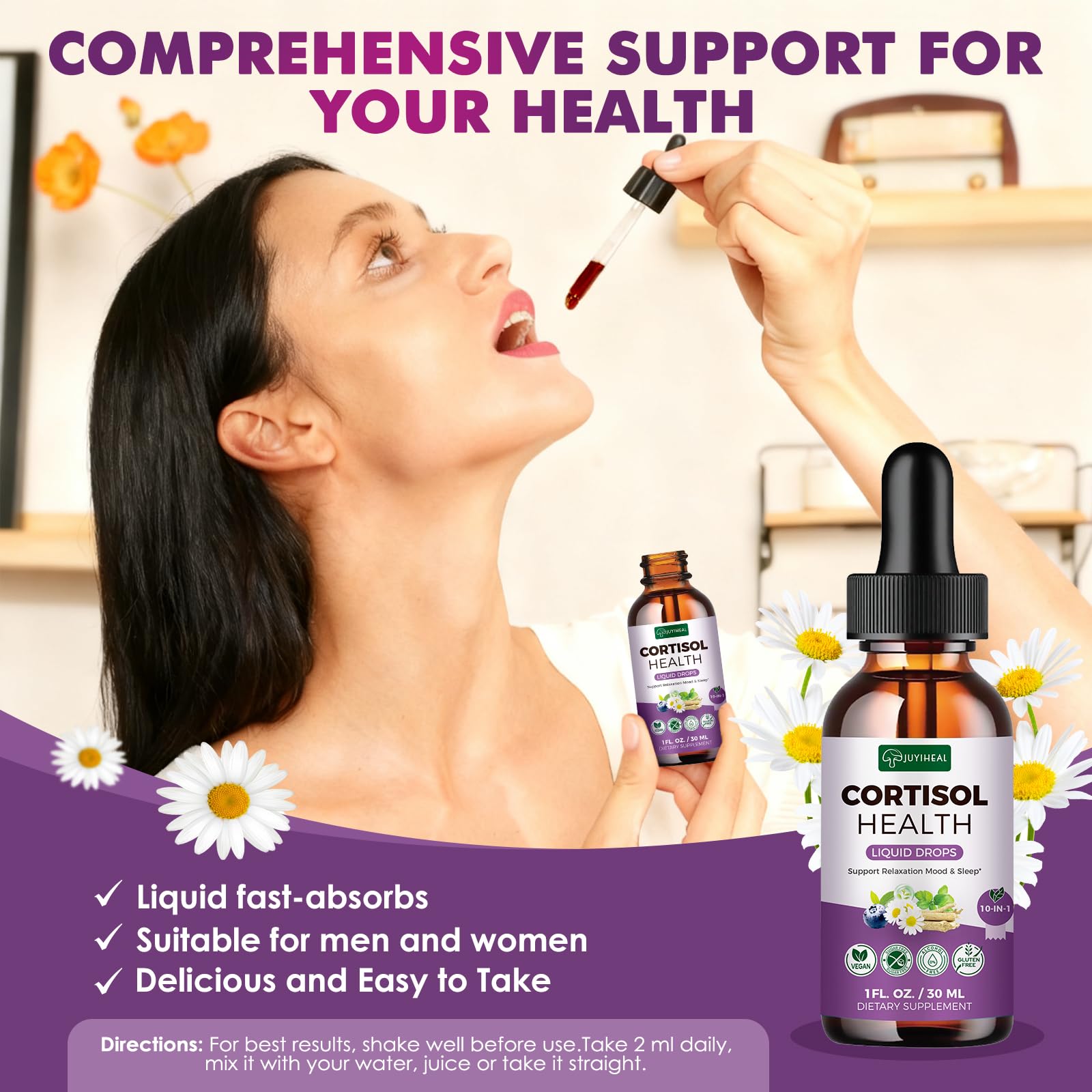 JUYIHEAL Cortisol Supplements, 10 in 1 Cortisol Detox Manager Reducer Hormone Balance Liquid Drops with Ashwagandha, Magnesium, L-theanine - Maple Wellness Supplements