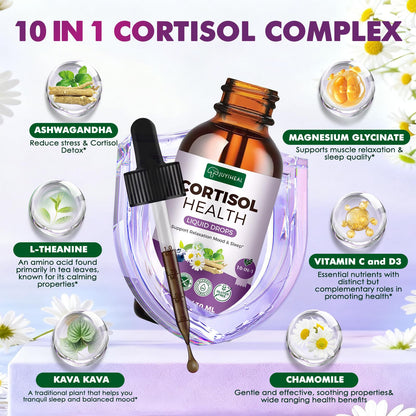 JUYIHEAL Cortisol Supplements, 10 in 1 Cortisol Detox Manager Reducer Hormone Balance Liquid Drops with Ashwagandha, Magnesium, L-theanine - Maple Wellness Supplements
