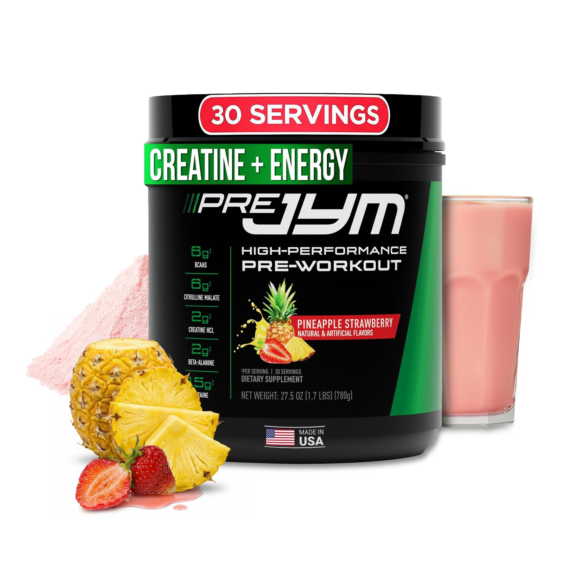 JYM Supplement Science Pre JYM Pineapple Strawberry Pre Workout Powder for Men & Women, BCAAs, Nootropics, Creatine HCI, Citrulline, Beta-Alanin - Maple Wellness Supplements