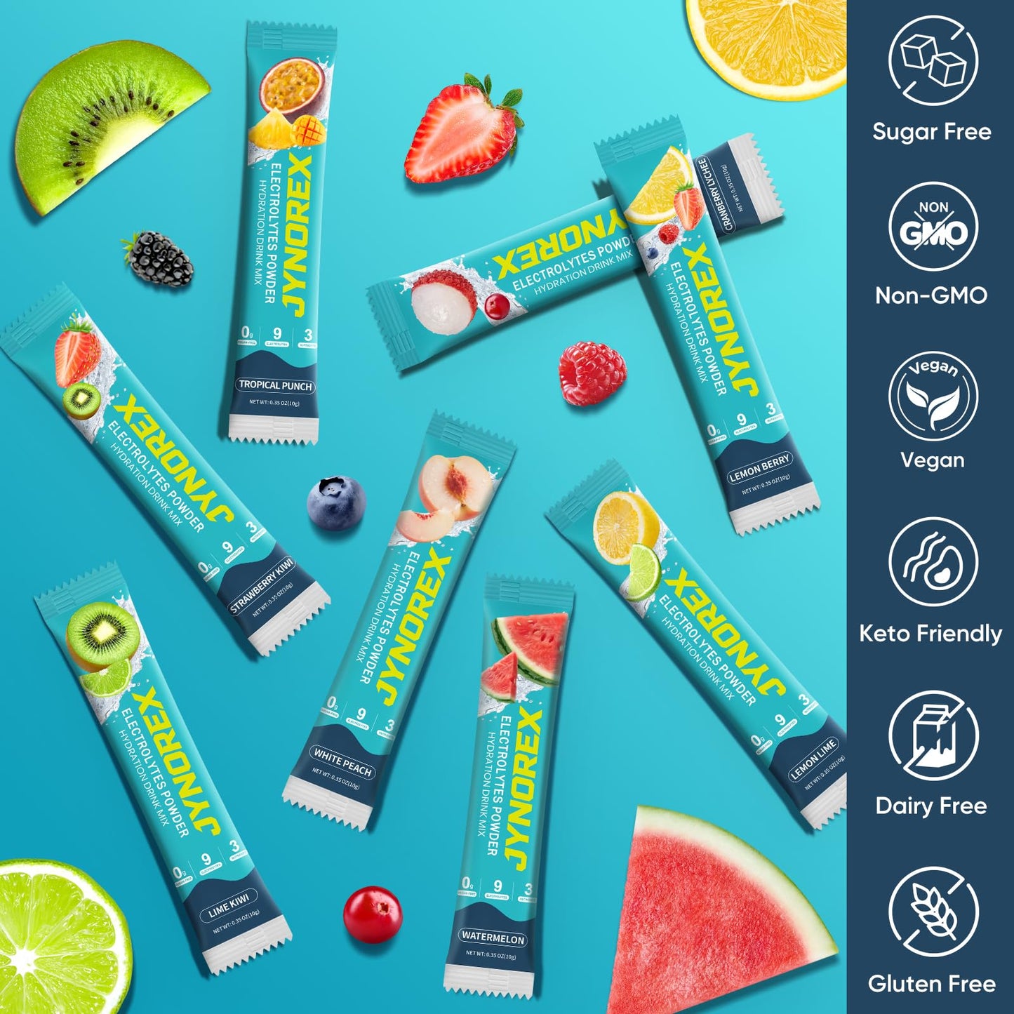 JYNOREX Electrolytes Powder Packets Sugar Free, 30 Sticks High Sodium Hydration Packets, Electrolyte Drink Mix with Lemon Lime Watermelon Peach Berry Kiwi - Maple Wellness Supplements