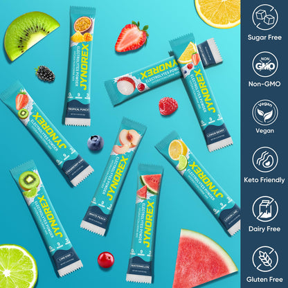 JYNOREX Electrolytes Powder Packets Sugar Free, 30 Sticks High Sodium Hydration Packets, Electrolyte Drink Mix with Lemon Lime Watermelon Peach Berry Kiwi - Maple Wellness Supplements