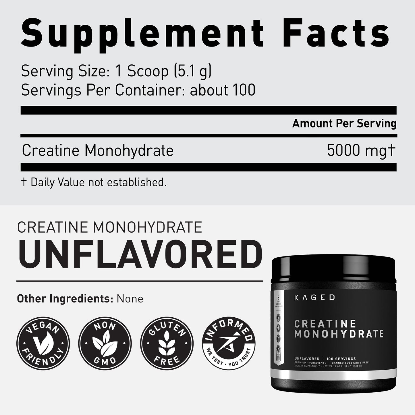 Kaged Creatine Monohydrate Micronized Powder | Unflavored | Muscle Building & Recovery | 5000 mg Per Serving | Vegan, Gluten Free, Easily Digestible - Maple Wellness Supplements