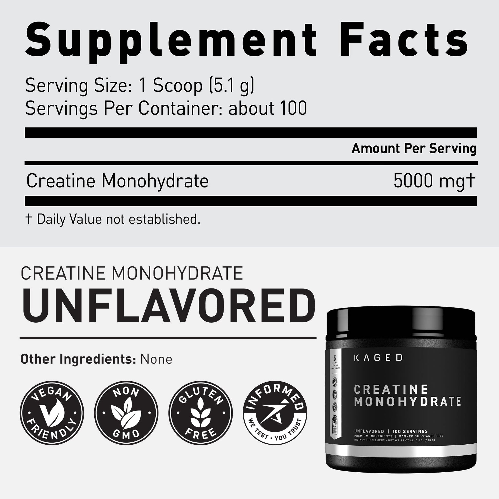 Kaged Creatine Monohydrate Micronized Powder | Unflavored | Muscle Building & Recovery | 5000 mg Per Serving | Vegan, Gluten Free, Easily Digestible - Maple Wellness Supplements
