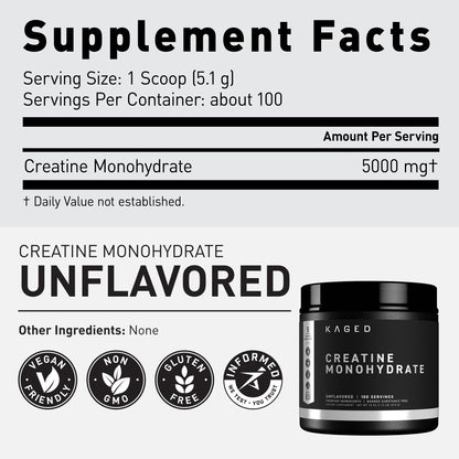 Kaged Creatine Monohydrate Micronized Powder | Unflavored | Muscle Building & Recovery | 5000 mg Per Serving | Vegan, Gluten Free, Easily Digestible - Maple Wellness Supplements