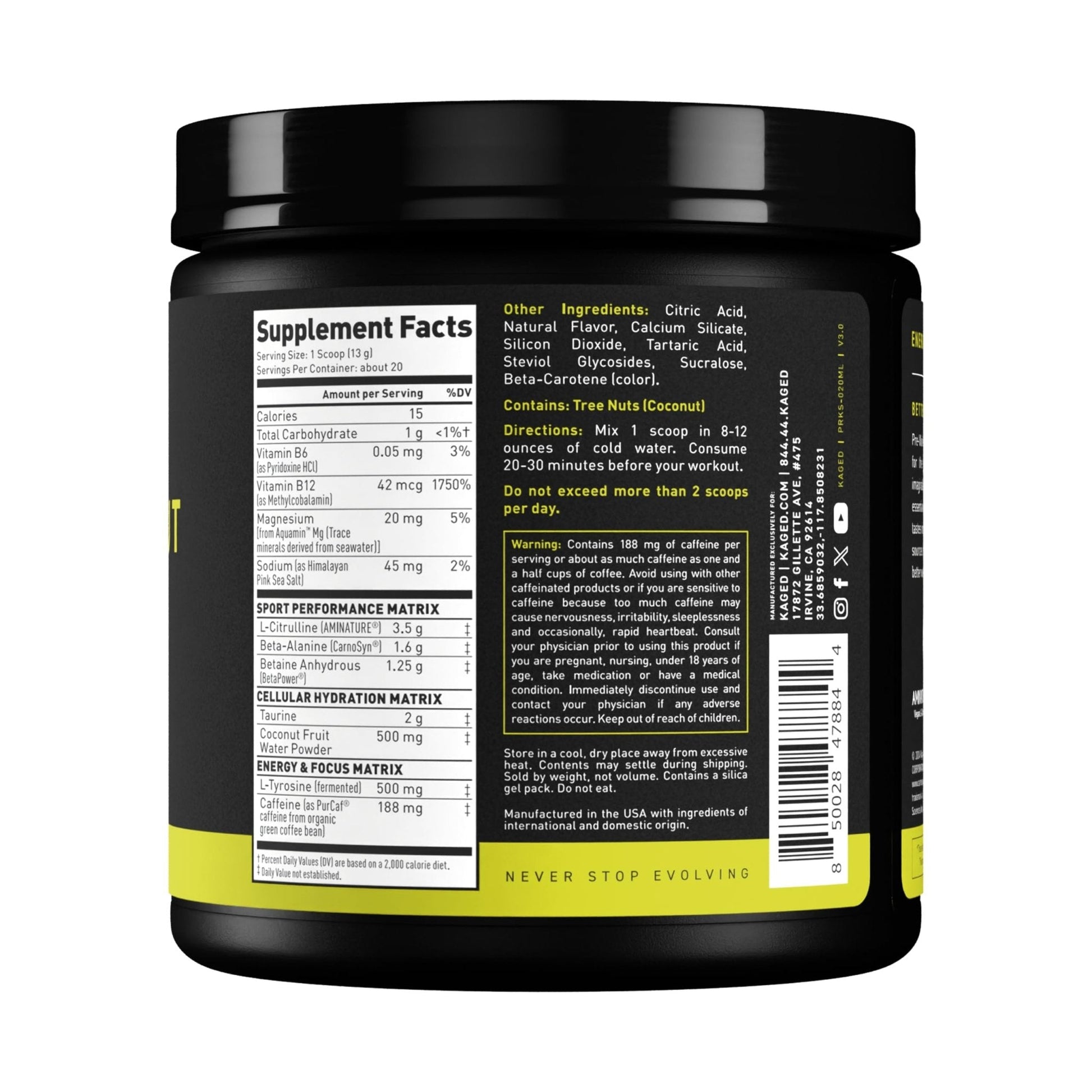 Kaged Sport Pre Workout Powder for Men & Women, Mango Lime, Sport Certified, 188mg Caffeine, Nitric Oxide Supplement, Beta Alanine for Energy, Weightlifting - Maple Wellness Supplements