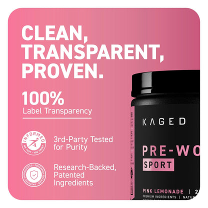 Kaged Sport Pre Workout Powder for Men & Women, Pink Lemonade, Sport Certified, 188mg Caffeine, Nitric Oxide, Beta Alanine, 20 Servings - Maple Wellness Supplements
