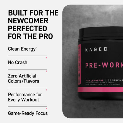 Kaged Sport Pre Workout Powder for Men & Women, Pink Lemonade, Sport Certified, 188mg Caffeine, Nitric Oxide, Beta Alanine, 20 Servings - Maple Wellness Supplements