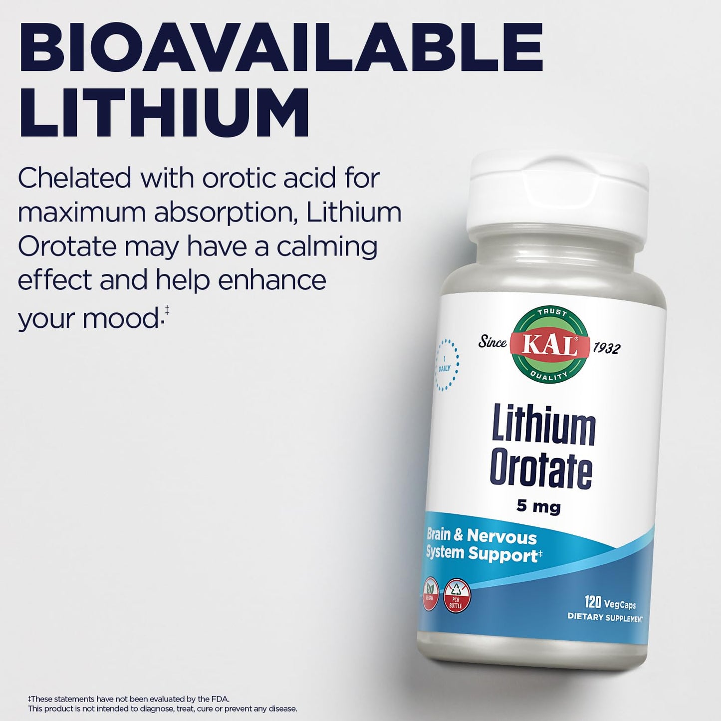KAL Lithium Orotate 5 milligrams | Low Serving Of Chelated Lithium Orotate For Bioavailability and Mood Support | In Organic Rice Bran Extract Base | 120 VegCaps - Maple Wellness Supplements