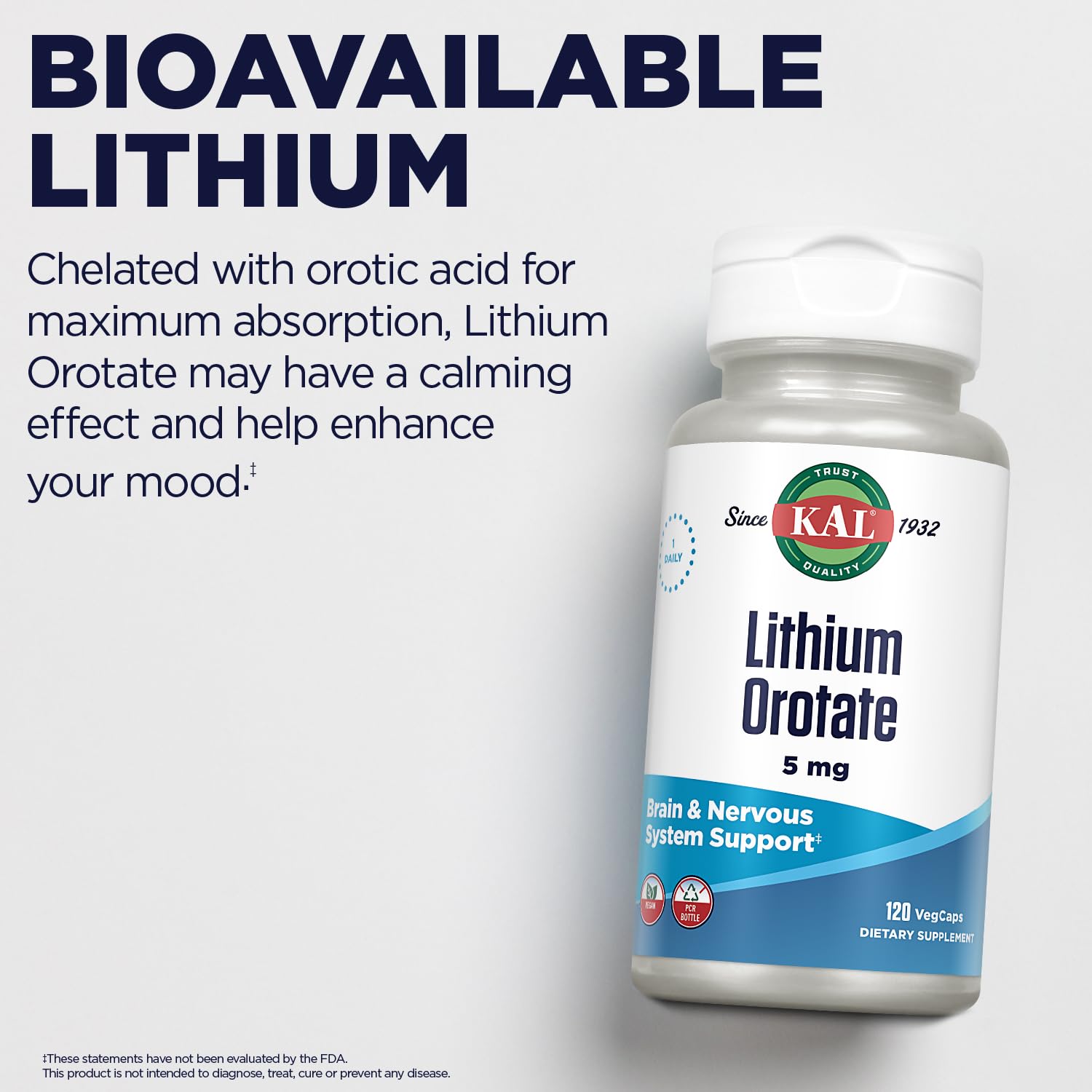 KAL Lithium Orotate 5 milligrams | Low Serving Of Chelated Lithium Orotate For Bioavailability and Mood Support | In Organic Rice Bran Extract Base | 120 VegCaps - Maple Wellness Supplements