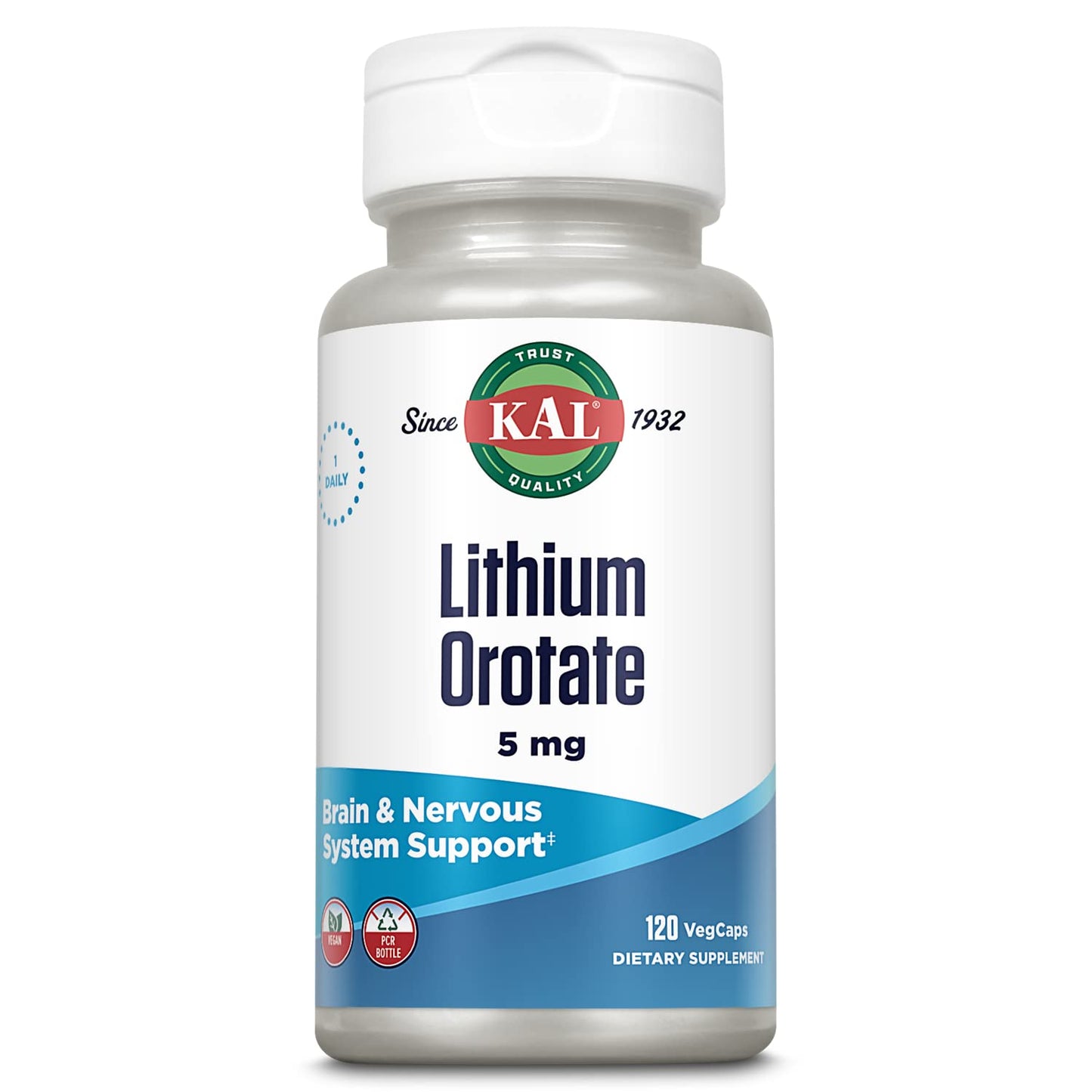 KAL Lithium Orotate 5 milligrams | Low Serving Of Chelated Lithium Orotate For Bioavailability and Mood Support | In Organic Rice Bran Extract Base | 120 VegCaps - Maple Wellness Supplements