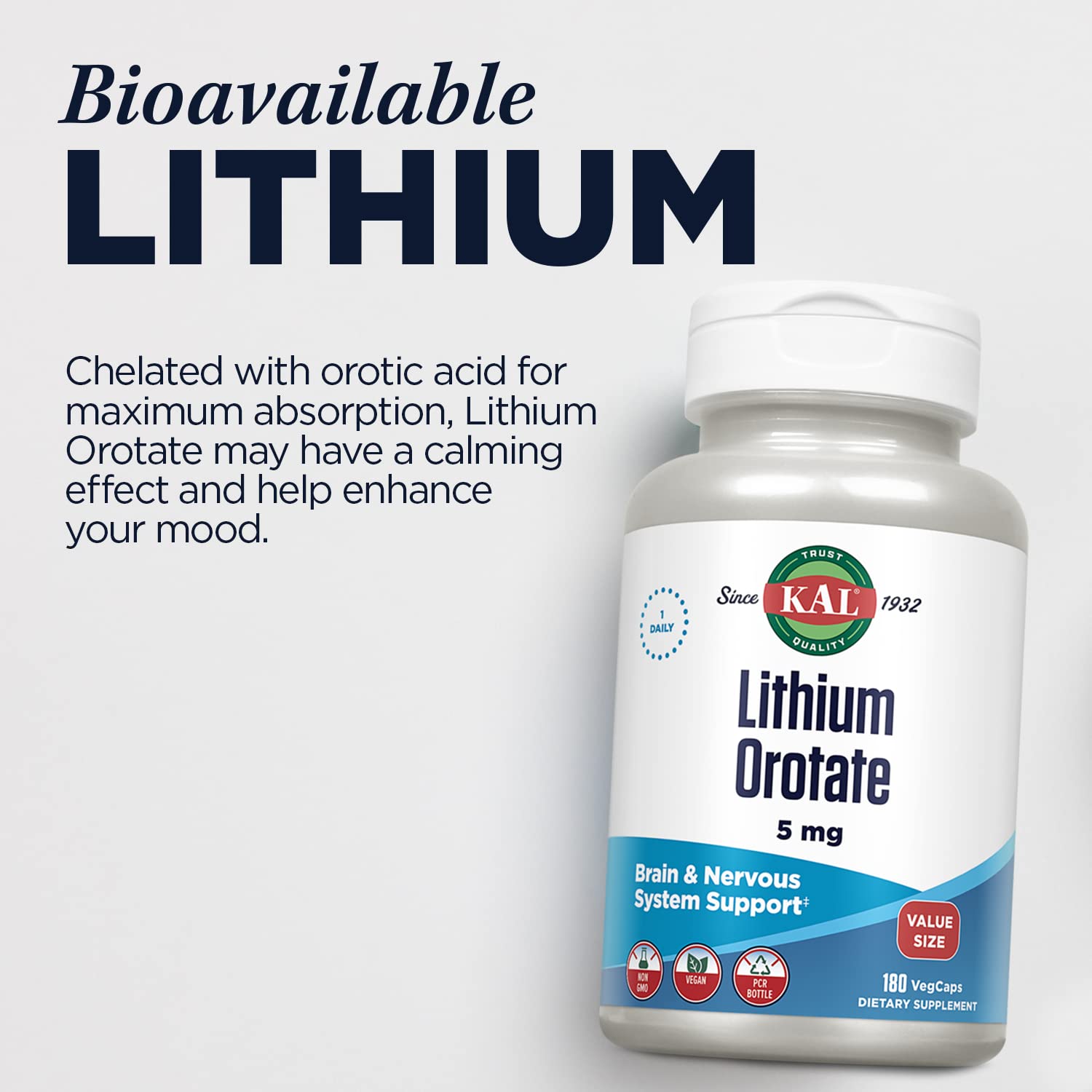 KAL Lithium Orotate 5mg, Low Dose Lithium Supplement for General Wellness Mood Support, Highly Bioavailable, Vegan, 60-Day Guarantee, - Maple Wellness Supplements