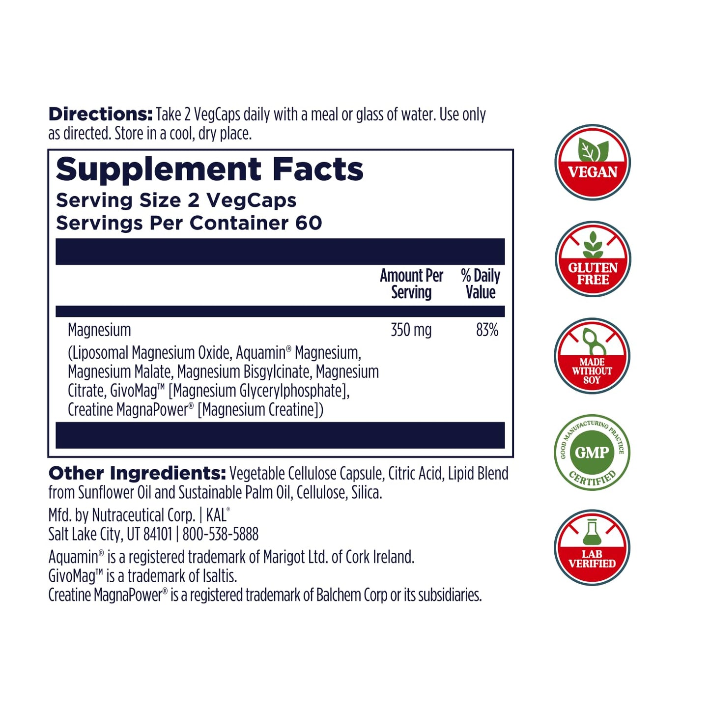 KAL Magnesium Complex 7 - Total Complex with Magnesium Glycinate, Citrate, Malate and More - Relaxation and Whole Body Support Supplements - Vegan, 60-Day Guarantee - 60 Servings - 120 VegCaps - Maple Wellness Supplements