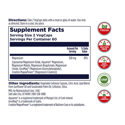 KAL Magnesium Complex 7 - Total Complex with Magnesium Glycinate, Citrate, Malate and More - Relaxation and Whole Body Support Supplements - Vegan, 60-Day Guarantee - 60 Servings - 120 VegCaps - Maple Wellness Supplements