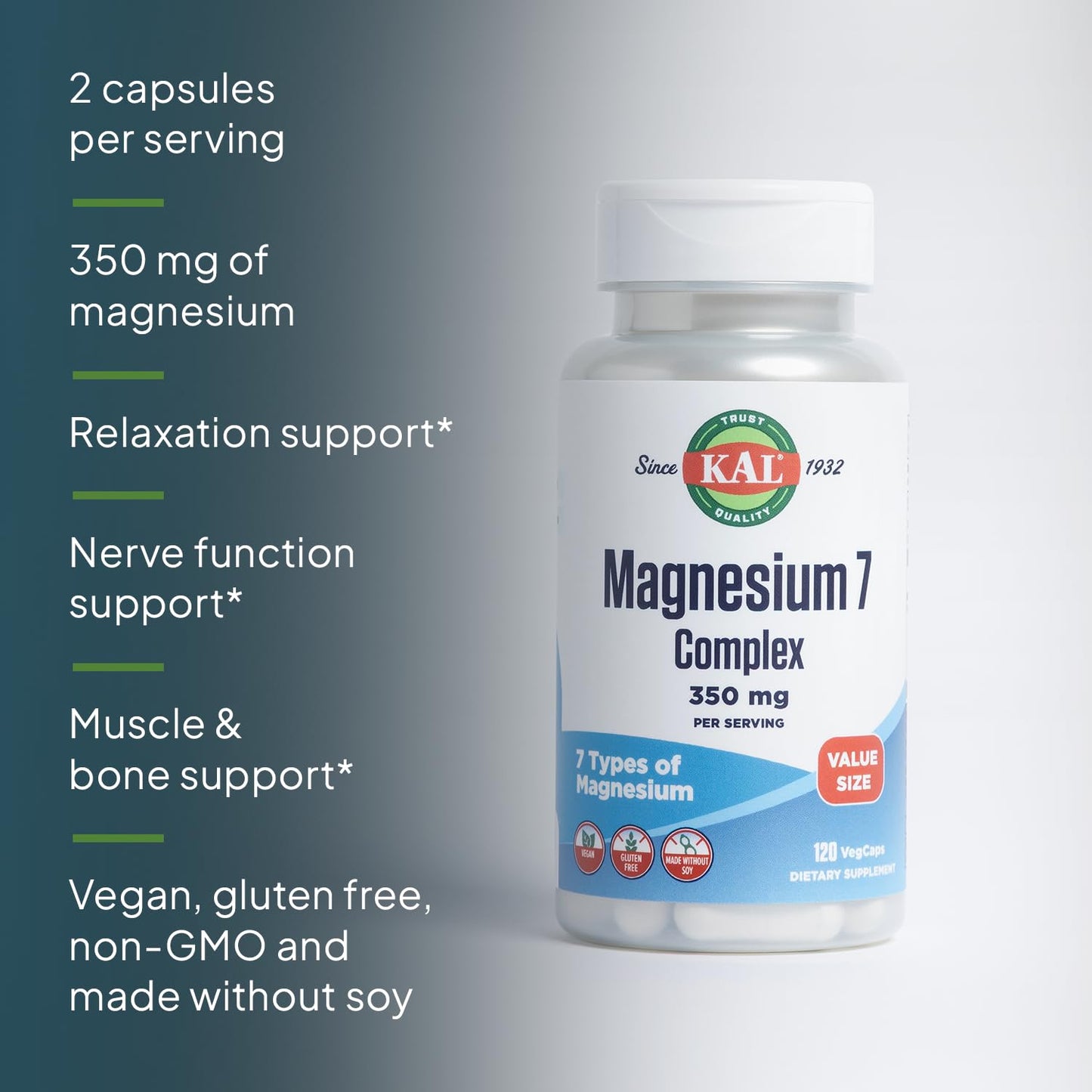 KAL Magnesium Complex 7 - Total Complex with Magnesium Glycinate, Citrate, Malate and More - Relaxation and Whole Body Support Supplements - Vegan, 60-Day Guarantee - 60 Servings - 120 VegCaps - Maple Wellness Supplements