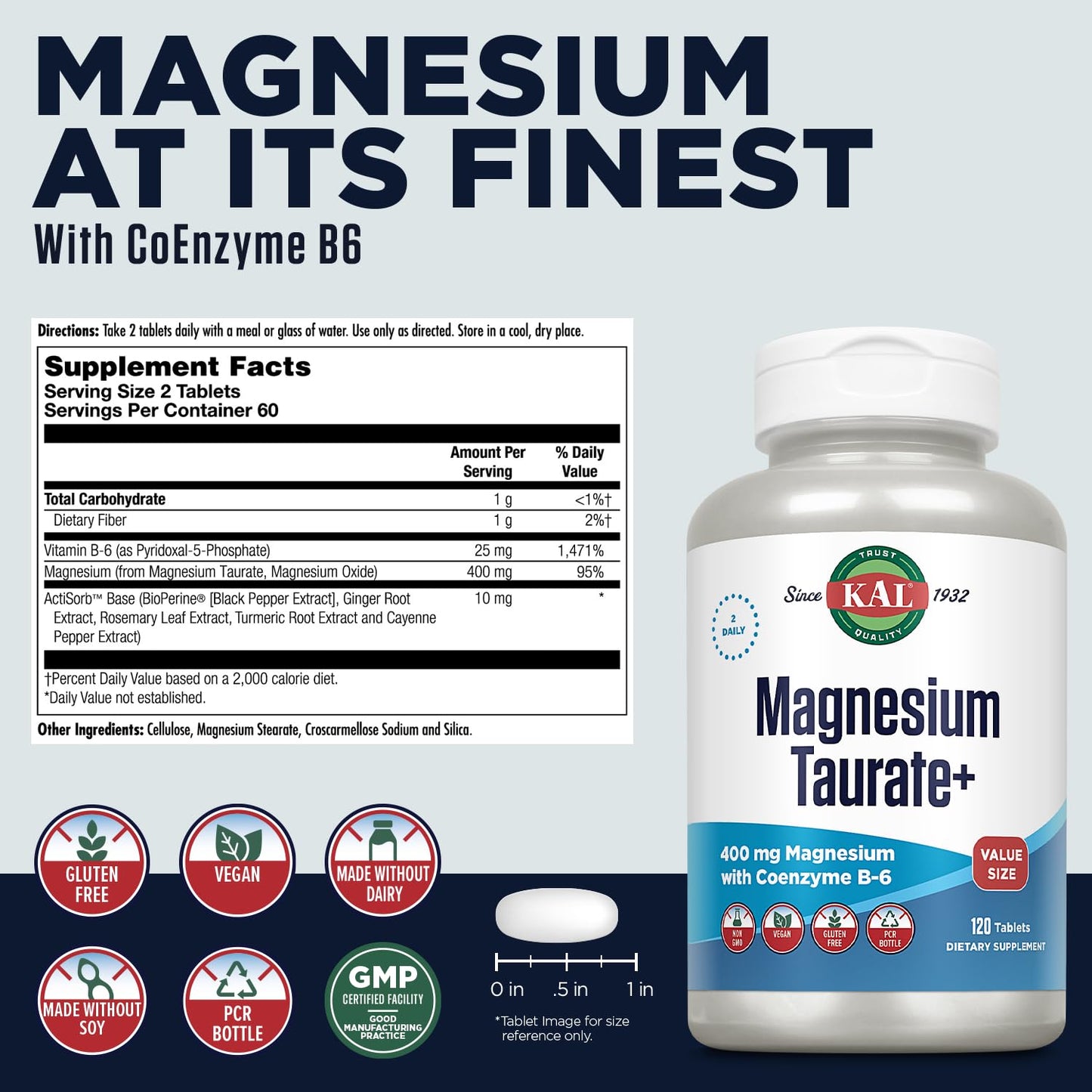 KAL Magnesium Taurate 400mg Plus Vitamin B6, Chelated Magnesium Supplement, High Absorption Magnesium Complex, Muscle and Heart Health Support, Vegan, Gluten Free, - Maple Wellness Supplements