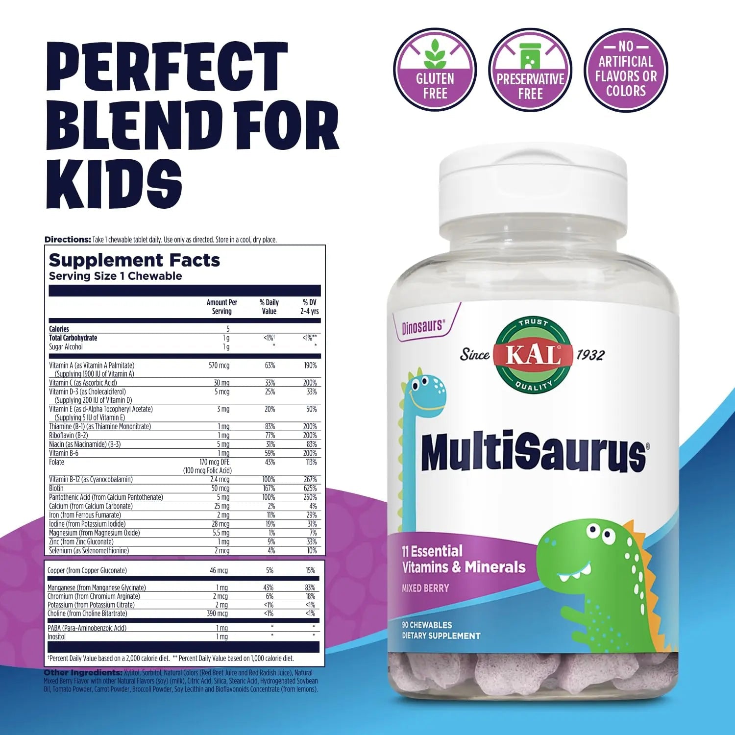 KAL MultiSaurus Kids Chewable Multivitamins, 11 Essential Vitamins and Minerals for Kids, Mixed Berry Flavor, Gluten and Preservative Free - Maple Wellness Supplements