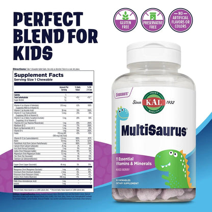 KAL MultiSaurus Kids Chewable Multivitamins, 11 Essential Vitamins and Minerals for Kids, Mixed Berry Flavor, Gluten and Preservative Free - Maple Wellness Supplements