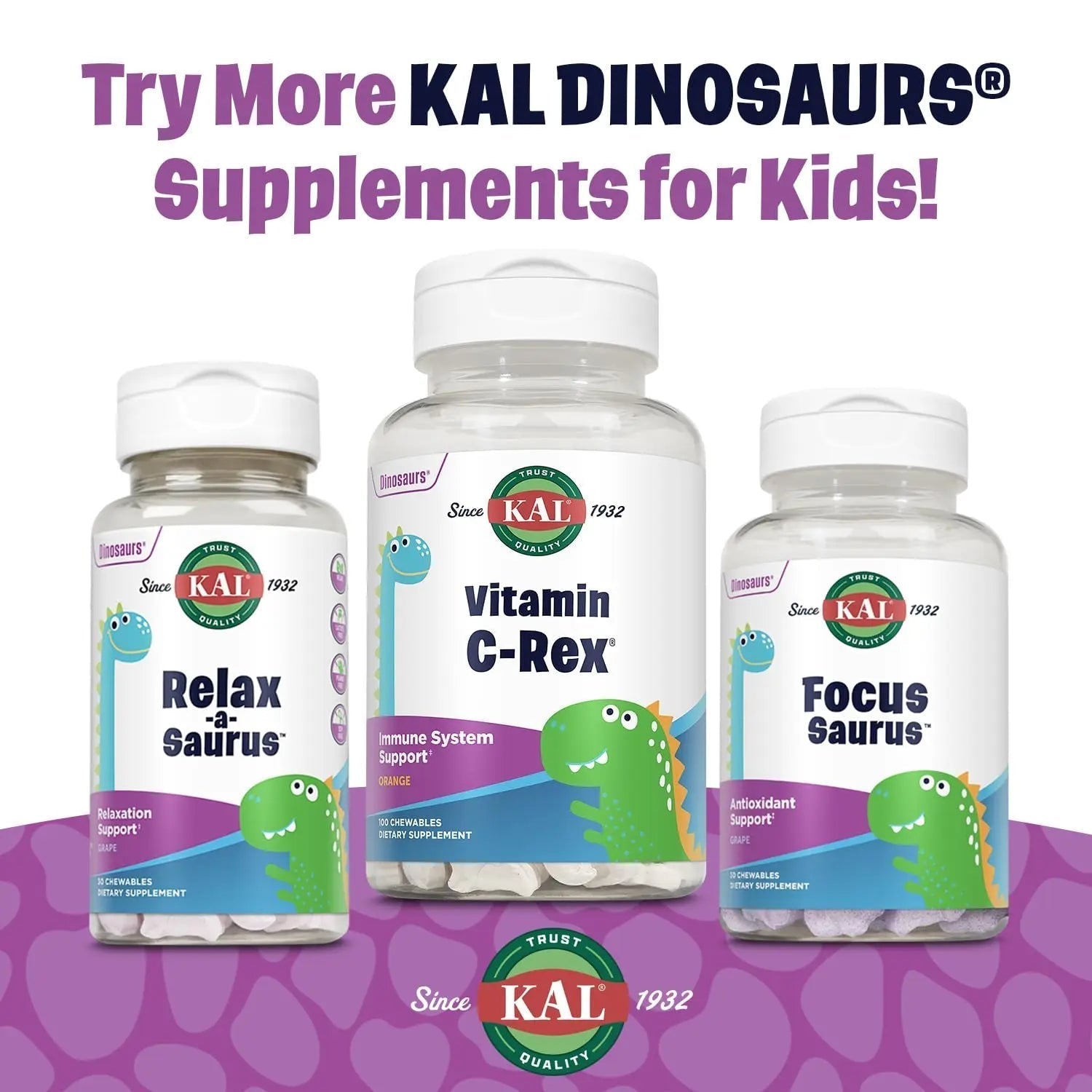 KAL MultiSaurus Kids Chewable Multivitamins, 11 Essential Vitamins and Minerals for Kids, Mixed Berry Flavor, Gluten and Preservative Free - Maple Wellness Supplements