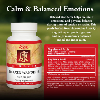 Kan Herbs Company Relaxed Wanderer – Traditional Chinese Herbal Formula to Support Mood, Digestion, and Menstrual Balance, Nourishes Blood, Eases Occasional Tension and Fatigue, 120 Tablets - Maple Wellness Supplements
