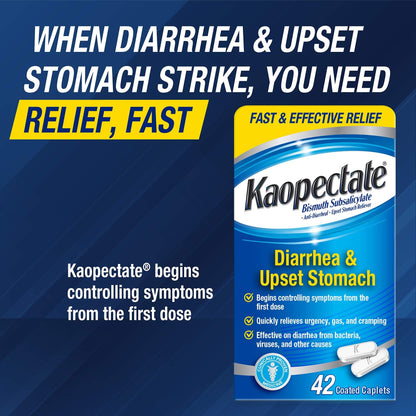 Kaopectate Multi-Symptom Anti-Diarrheal & Upset Stomach Reliever, 42 Caplets, Anti Diarrhea Caplets - Maple Wellness Supplements
