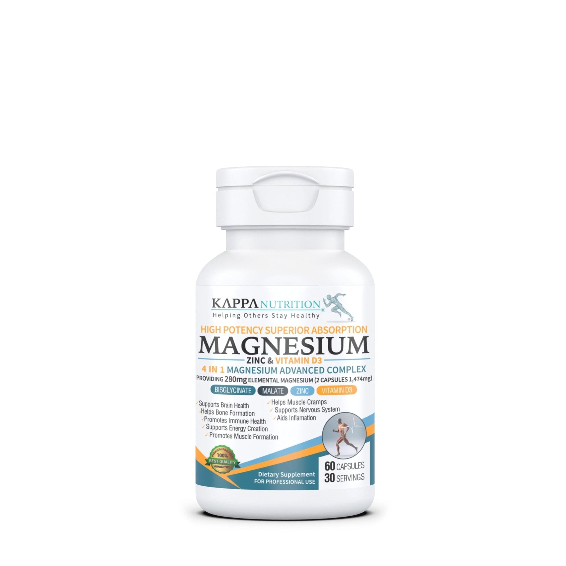 Kappa Nutrition Magnesium 4-in-1, 280mg Elemental Magnesium (Bisglycinate, Malate) + Zinc & Vitamin D3, Brain, Sleep, Energy, Muscle, Immune Support, 60 Vegan Capsules. - Maple Wellness Supplements