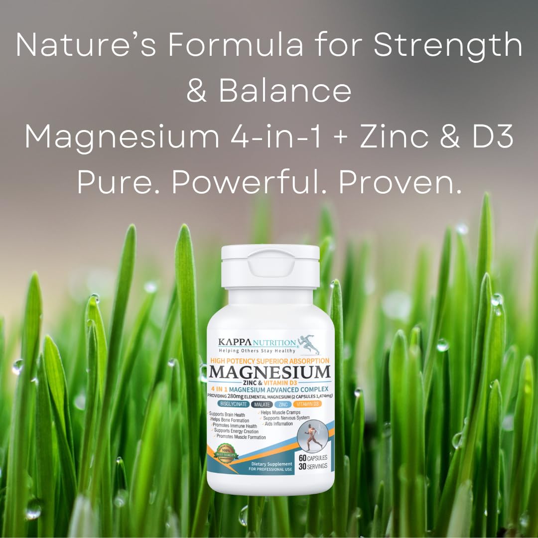 Kappa Nutrition Magnesium 4-in-1, 280mg Elemental Magnesium (Bisglycinate, Malate) + Zinc & Vitamin D3, Brain, Sleep, Energy, Muscle, Immune Support, 60 Vegan Capsules. - Maple Wellness Supplements