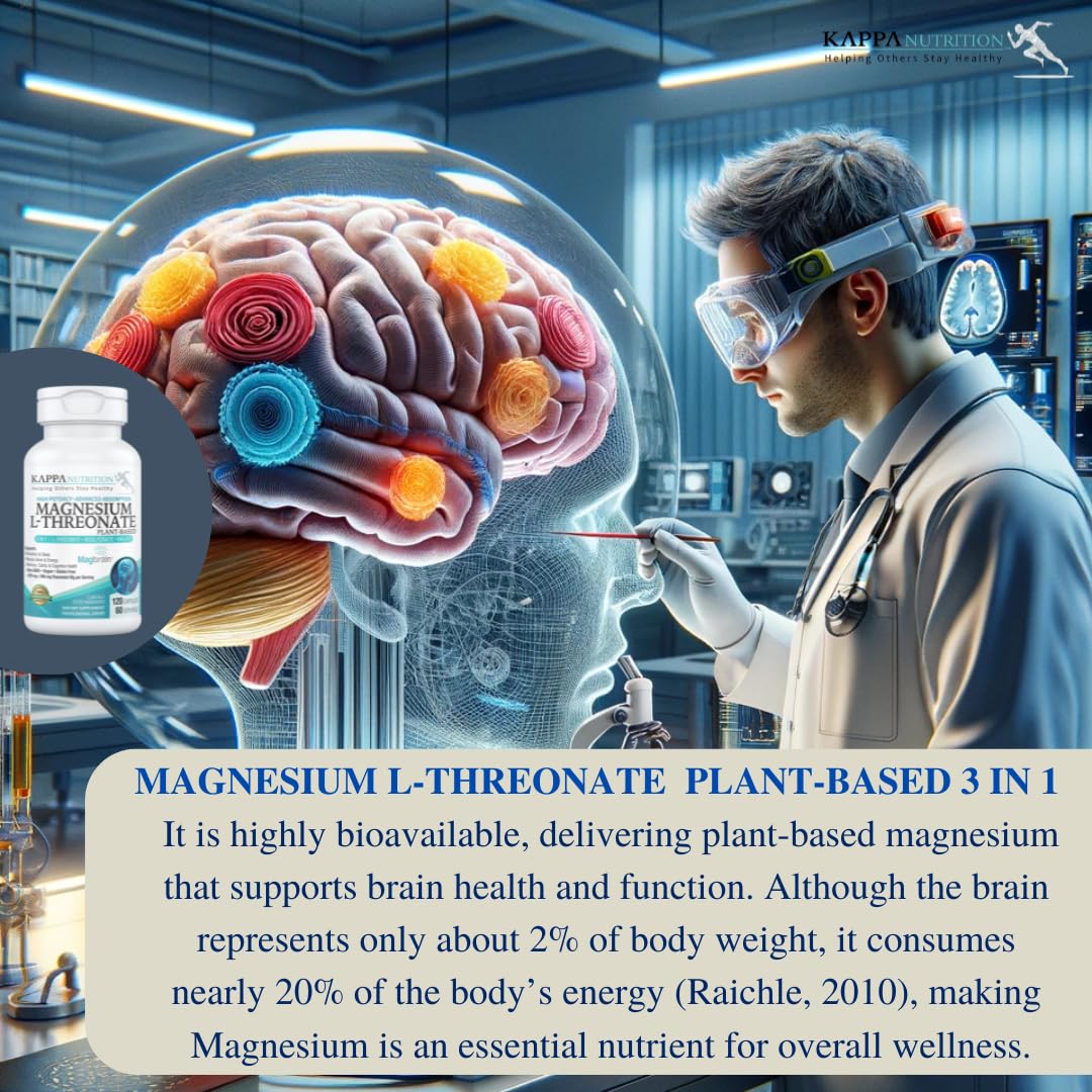 Kappa Nutrition Powered by Magbrain™ Magnesium L-Threonate Plant-Based, 420mg Elemental Magnesium (3 Capsules) from 2,253mg, 120 Vegan Capsules, Brain, Sleep & Muscle Support. - Maple Wellness Supplements