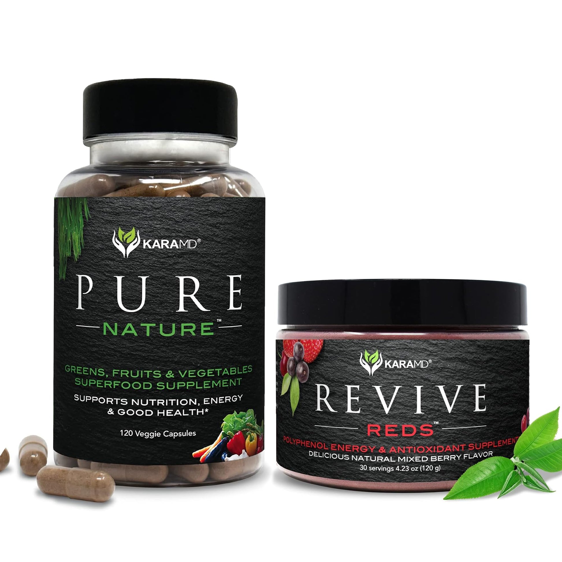 KaraMD Pure Nature Greens Whole Food Supplement & Revive Reds Polyphenol Energy Booster | Antioxidants, Shilajit & Enzymes | Vegan Friendly, Gluten Free, Non-GMO (30 Servings) - Maple Wellness Supplements