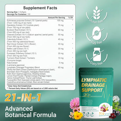 Kaseano Lymphatic Drainage Supplement 300 Softgels 21-in-1 Herbal Blend with Echinacea, Dandelion, Burdock Root Lymph System Support Fluid Balance & Immune System for Women & Men - Maple Wellness Supplements