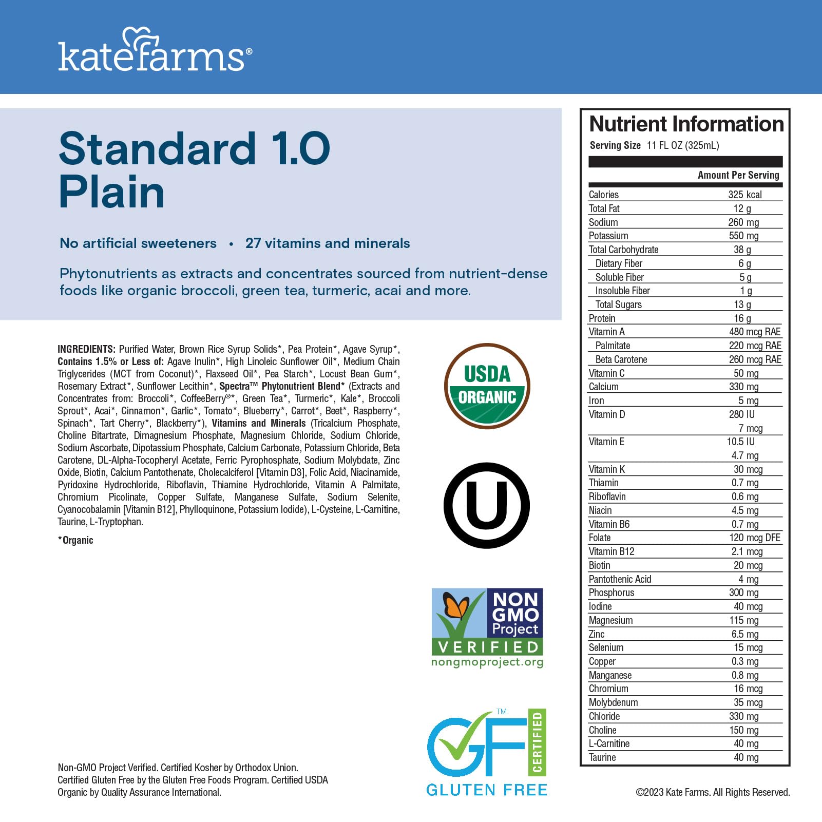 KATE FARMS Organic 1.0 Sole-Source Nutrition Shake, Plain, 16g Protein, 27 Vitamins and Minerals, Meal Replacement, Protein Shake, 11 oz (12 Pack) - Maple Wellness Supplements
