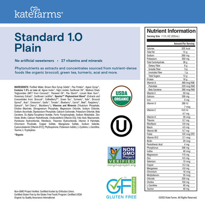KATE FARMS Organic 1.0 Sole-Source Nutrition Shake, Plain, 16g Protein, 27 Vitamins and Minerals, Meal Replacement, Protein Shake, 11 oz (12 Pack) - Maple Wellness Supplements