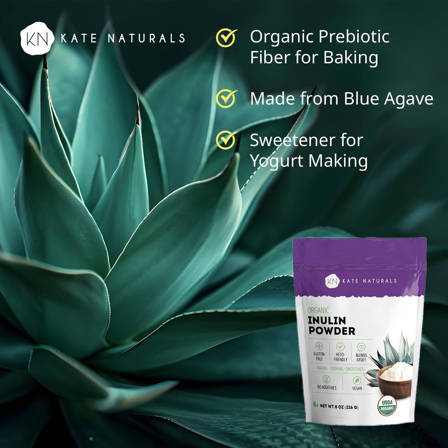 Kate Naturals Inulin Powder Organic from Blue Agave (8oz) Soluble Prebiotic Fiber for Coffee, Yogurt & Smoothies - Maple Wellness Supplements