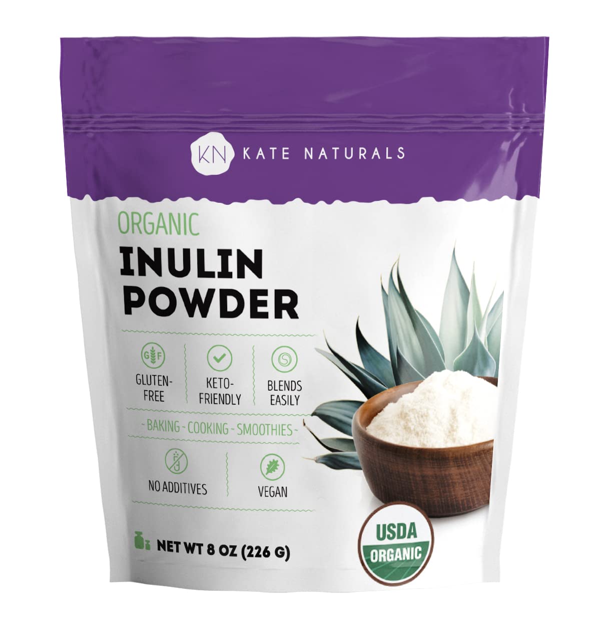 Kate Naturals Inulin Powder Organic from Blue Agave (8oz) Soluble Prebiotic Fiber for Coffee, Yogurt & Smoothies - Maple Wellness Supplements