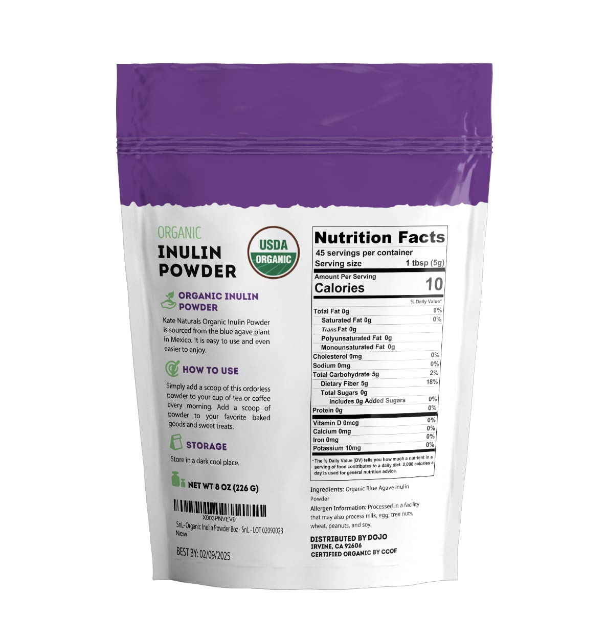 Kate Naturals Inulin Powder Organic from Blue Agave (8oz) Soluble Prebiotic Fiber for Coffee, Yogurt & Smoothies - Maple Wellness Supplements